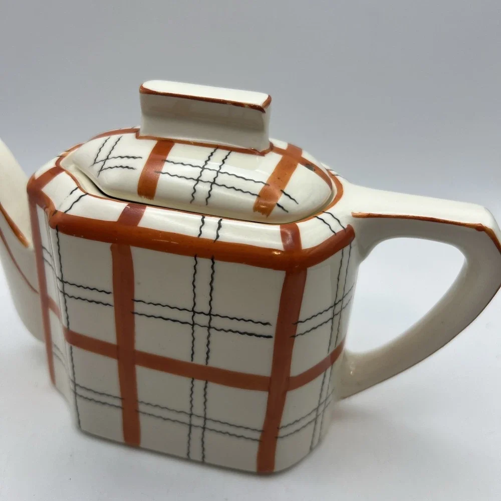 Vtg Gold Castle Japan Plaid Teapot Art Deco Orange Windowpane Check Spout Crack